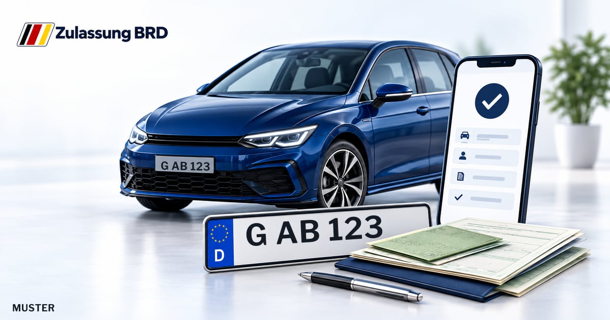 Online Fahrzeugzulassung in Gera: Musterkennzeichen G AB 123, Auto und Fahrzeugpapiere und Smartphone. Illustration mit Logo von Zulassung BRD.